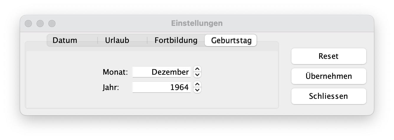 Einstellungen Days 2 Go