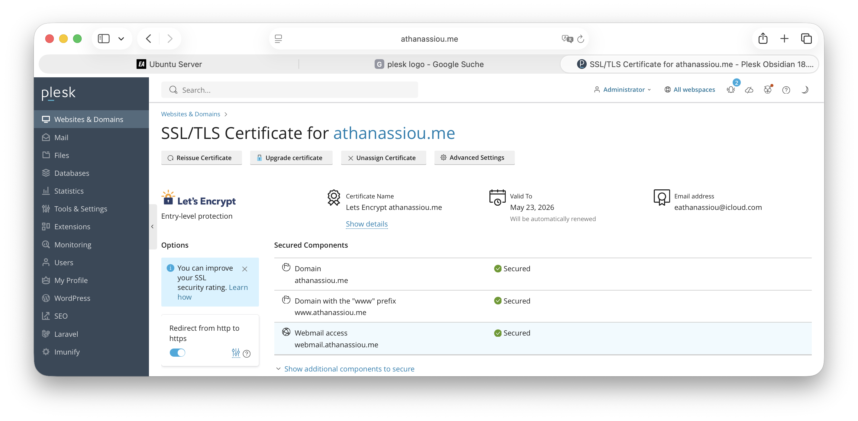 TLS Konfiguration in Plesk