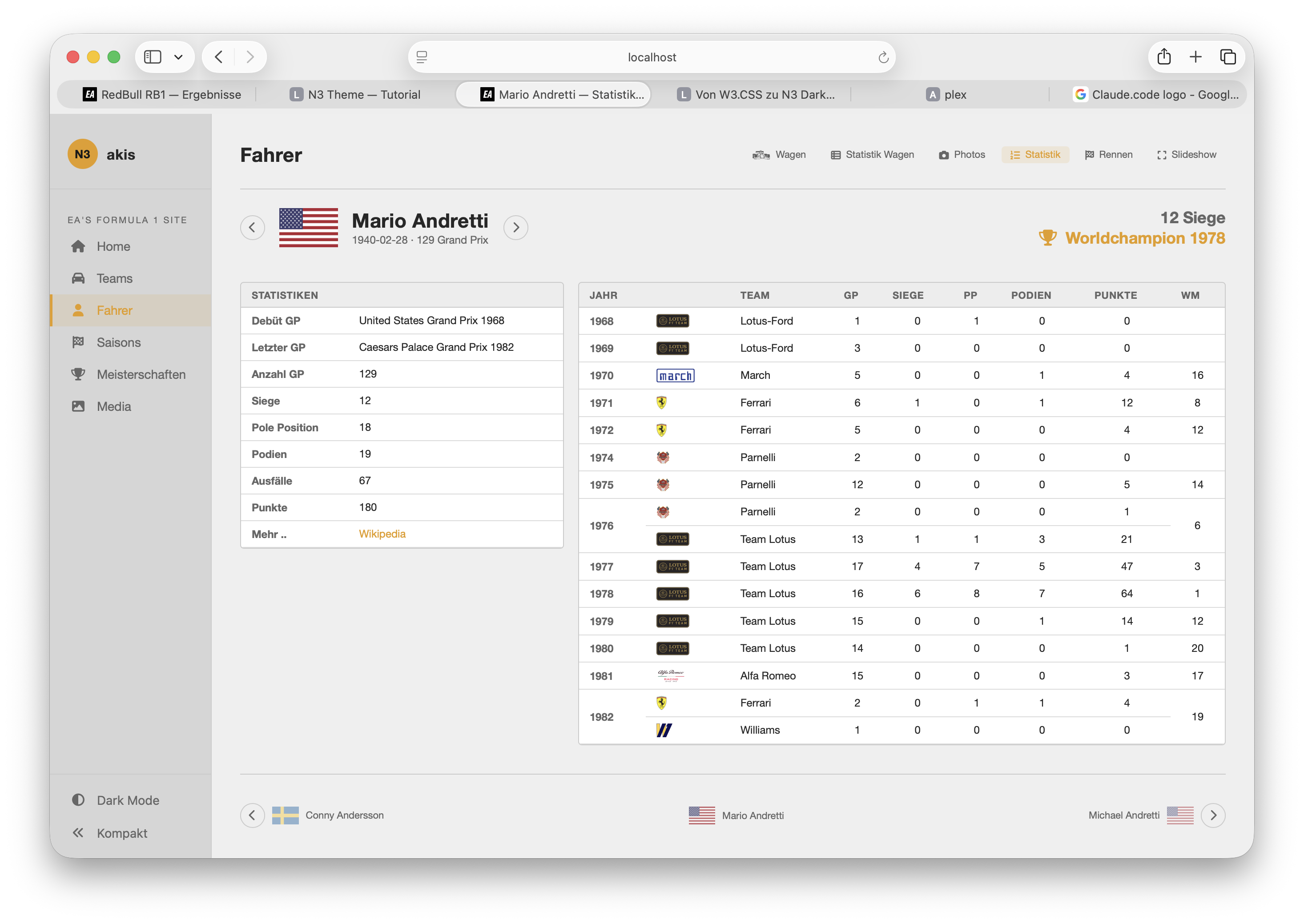 N3 Dark Theme — Tabs und Statistiken